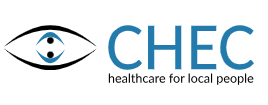 Chec logo with an eye icon on the right of the word. Underneath reads, healthcare for local people.