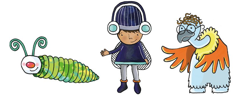 A picture of the three illustrated characters from the Eye Health Programme.