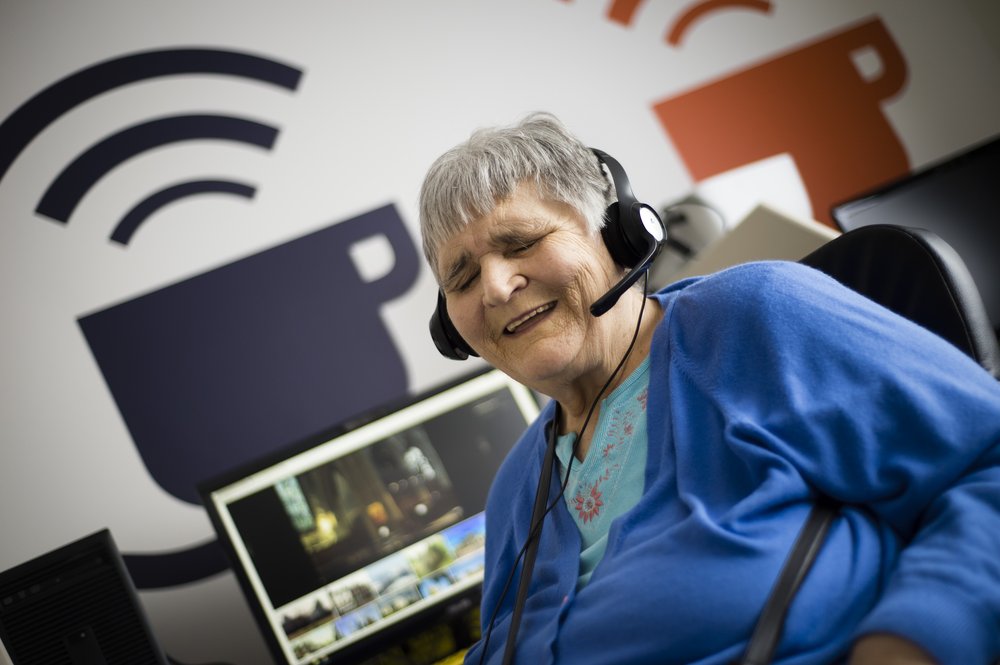 A picture of Jules in the New Wycliffe Home Cyber Cafe.
