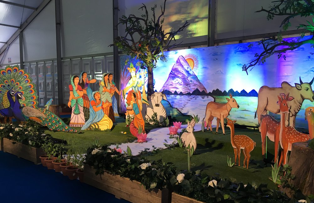 A picture of a colourful display at the Krishna Speaks festival.