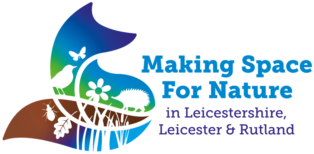 A logo for the Leicestershire, Leicester and Rutland making space for nature project. The text is on the right hand side in light and dark blue. On the left is a symbol that looks like a fish with his tail in the air, but inside are white images of a leaf, flowers, a bird, butterfly and hedgehog. The rest of the symbol is made up of blues, greens and brown to represent the environment.