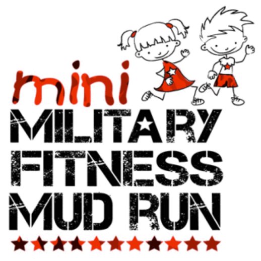 An animated picture of two children running, titled 'Mini military fitness mud run.'