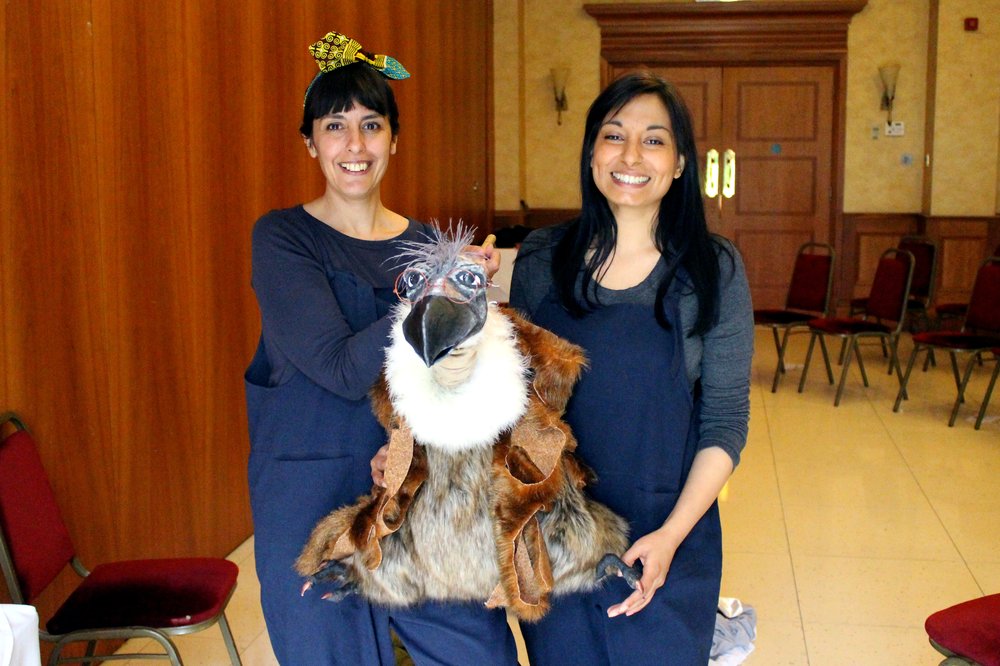 A picture of Parmjit and a Drama Practitioner with Vern the Vulture.