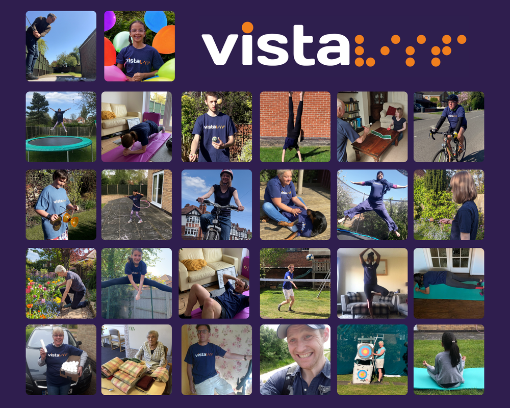 A picture of people doing fundraising activities for Vista in Vista t-shirts.