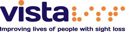 Vista's logo with orange dots representing braille for Vista on the right of it. Underneath reads, improving lives of people with sight loss