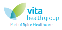 Vita health group logo. Part of Spire healthcare. Two leaf-like shapes sit on the left. One blue and the other is green.