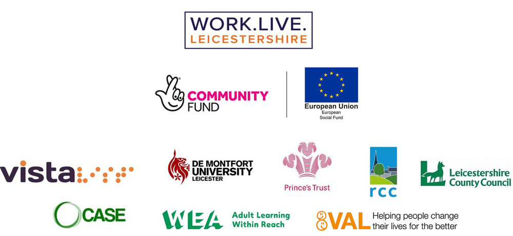 The logos of all 8 partners involved with the Work.Live.Leicestershire programme.