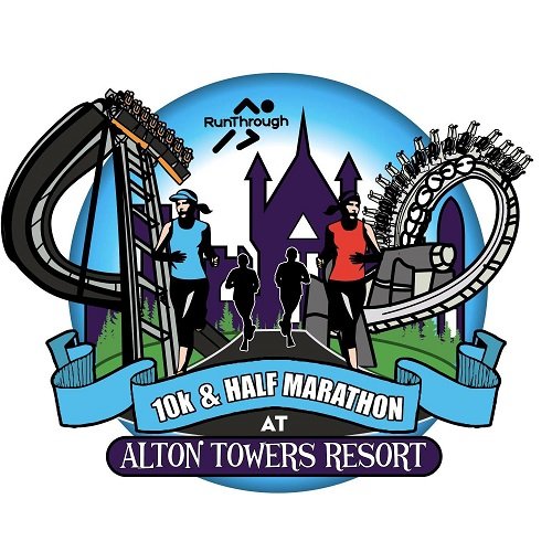'10K and Half Marathon Alton Towers Resort' Run Alton Towers Half Marathon 2023 logo with a cartoon image of the theme park in the background.