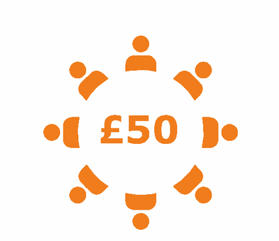 Image says '£50' with a circle of cartoon people around the text.