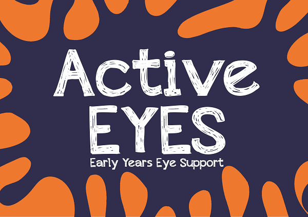 Vista's Active EYES logo with a splash of orange on a blue background.
