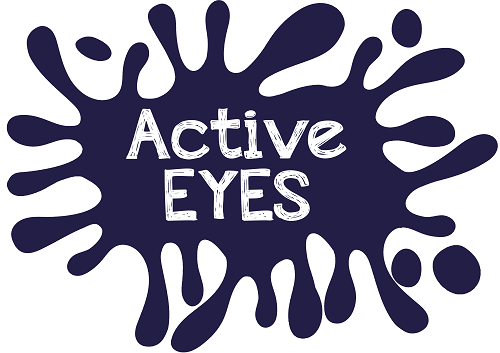 Vista's Active EYES logo. It is a blue splash shape with the words 'Active EYES' on the top in white.