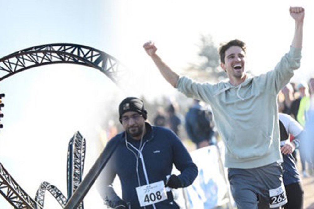 Image of an Alton Towers rollercoaster and people running along a marathon route. The man at the front has his arms in the air.
