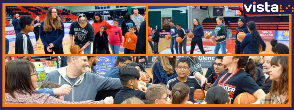 A collage of three photos of young people playing basketball. They're surrounded by an orange and purple border and Vista's logo is top right.