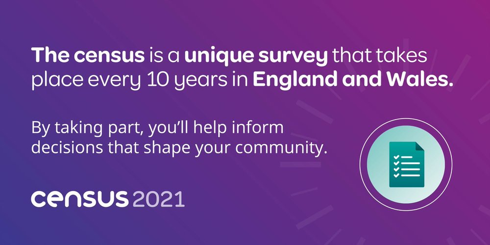 Image says 'The census is a unique survey that takes place every 10 years in England and Wales. By taking part, you'll help inform decisions that shape your community.'