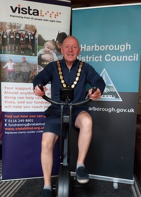 Councillor Stephen Bilbie, Chairman of Harborough District Council on an exercise bike.