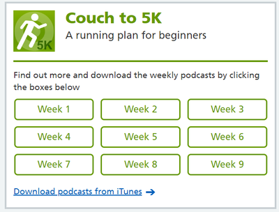 The menu on the NHS Couch to 5km page, with each week available