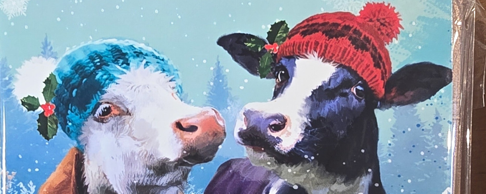 [Image Description: Painted image of two cows wearing festive hats and scarves as one of the two designs for Vista's Christmas cards.]