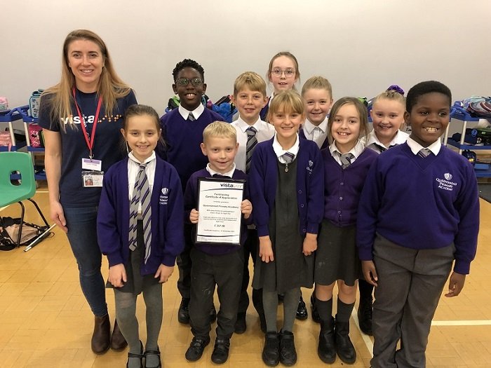 Pictured are pupils from Queensmead Primary Academy accepting their certificate of appreciation from Libby.