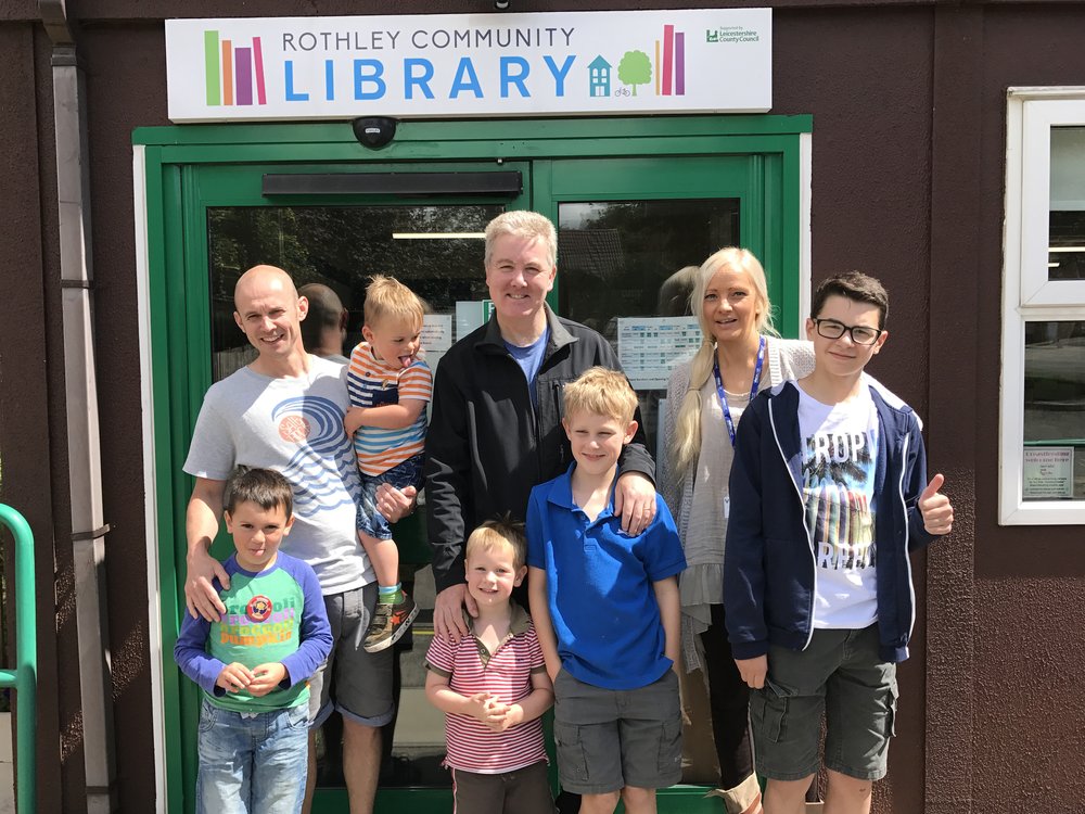 A picture of Rothley residents Toby Stephenson, age 8, Jo Seward, age 12, Bentley Stephenson, age 3, Jo Sykes, age 5, Reuben Sykes, age 2, Mr Stephenson and Mr Sykes, and Penny Bailey, Vista’s Shop Manager at Rothley.