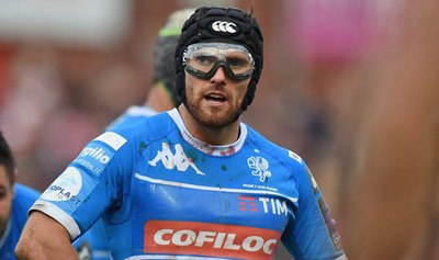 Rugby player Ian McKinley in specially designed sport goggles for those with sight loss