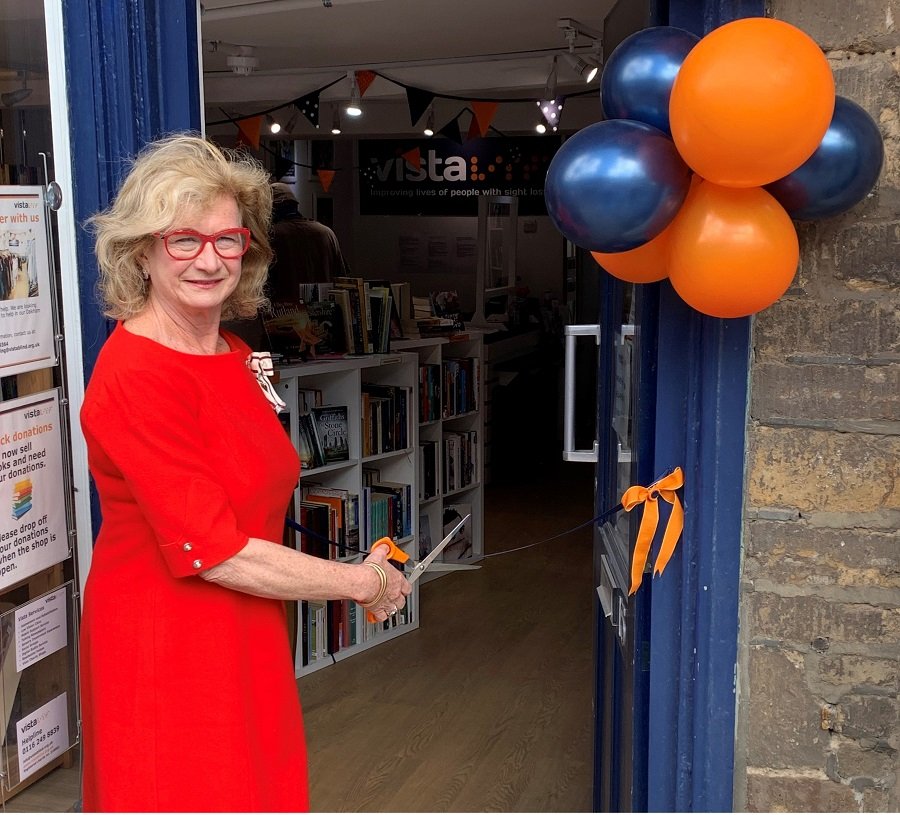 Image is of a display of books in Vista's Oakham charity bookshop.