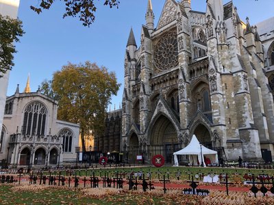 The remembrance garden and external view of the Westminster Cathedral