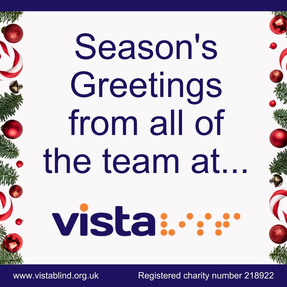'Season's Greetings from all of the team at Vista' with baubles, candy canes and greenery around the edge of the image.