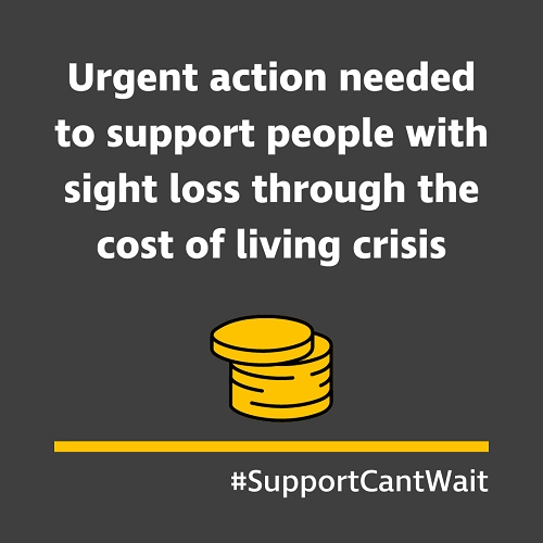 Square grey graphic with white text that reads: “Urgent action needed to support people with sight loss through the cost of living crisis”. Beneath the text is a yellow graphic of a stack of yellow coins, a thick horizontal yellow line and white text that reads #SupportCantWait.