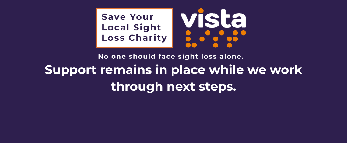 A graphic with a purple background with text reading 'Empowering people with sight loss, building confidence and  breaking barriers.'