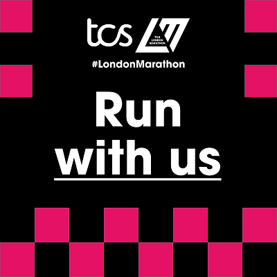 Image says 'Run with us' TCS #LondonMarathon with black and pink squares as a border.