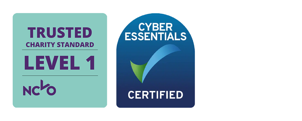 [Image Description: Purple text on an aqua background reading 'Trusted Charity Standard - Level 1 - NCVO' and the ‘Cyber Essentials Certified’ logo]