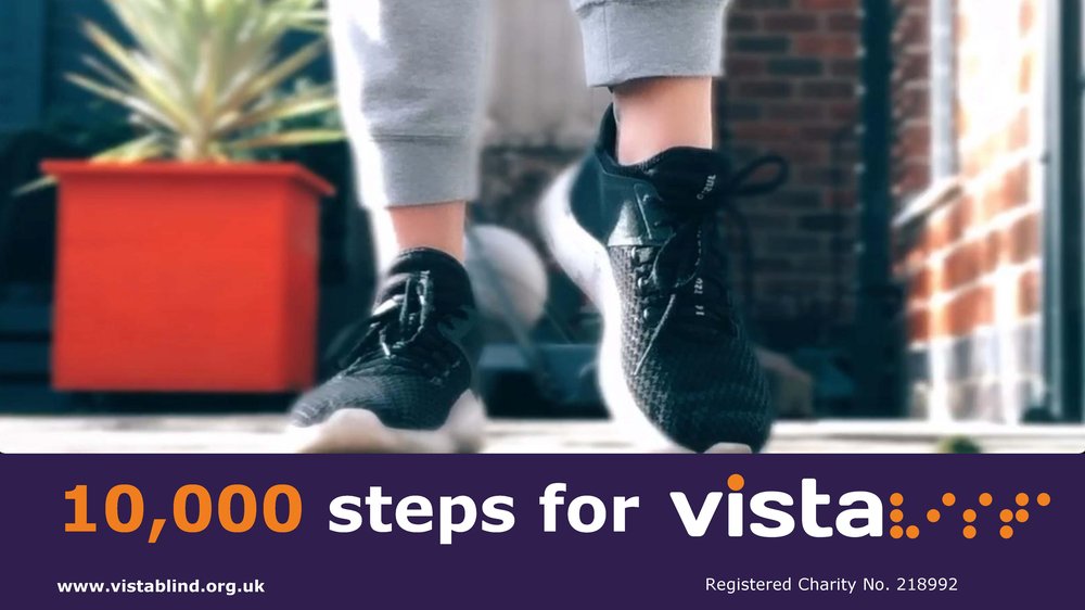 Image is a close-up of someone in trainers taking a step along with the text '10,000 steps for Vista'