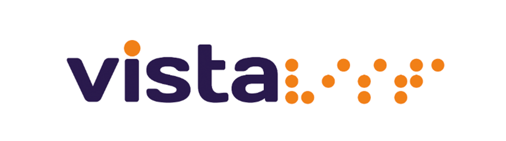 [Image Description: Vista Logo, presented in both font and braille formats.]