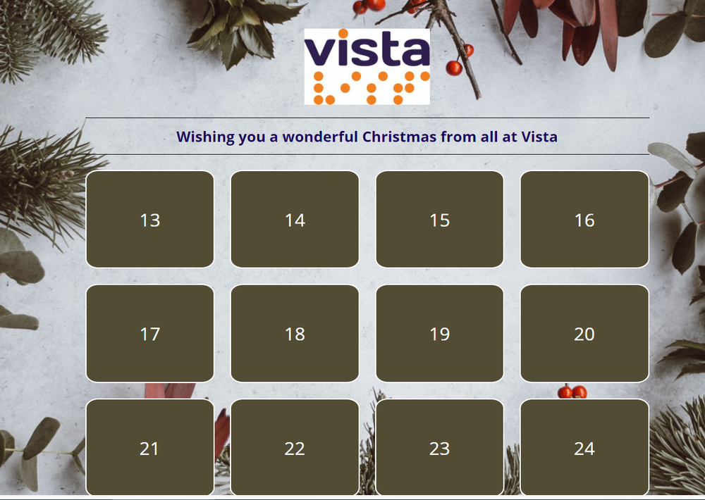 A screenshot of Vista's online advent calendar with doors labelled 13 to 14.