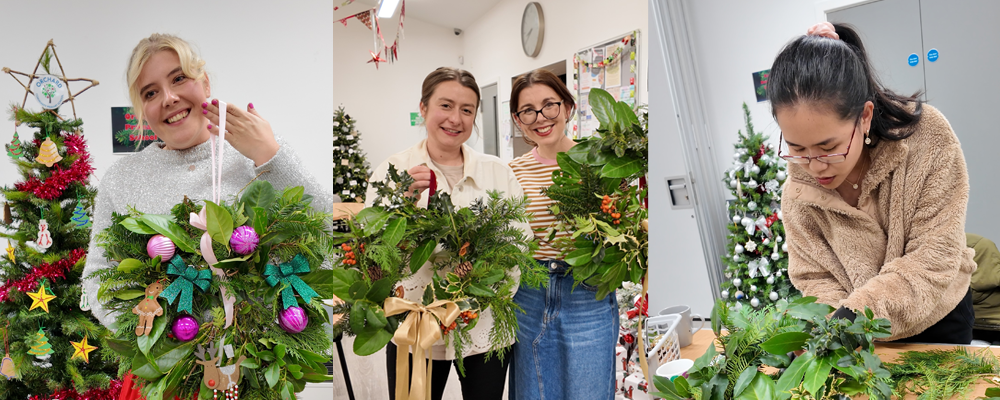 [Image Description: A banner made up of three photographs. On the left, a smiling woman stands beside a decorated Christmas tree, holding a festive green wreath decorated with pink baubles and ribbons. In the centre, two women stand indoors, smiling at the camera while holding large, handcrafted Christmas wreaths made from greenery and ribbons. On the right, a woman concentrates as she assembles a wreath on a table, with Christmas trees and craft materials visible in the background.]