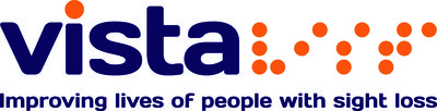 Vista's logo with orange dots representing braille for Vista on the right of it. Underneath reads, improving lives of people with sight loss