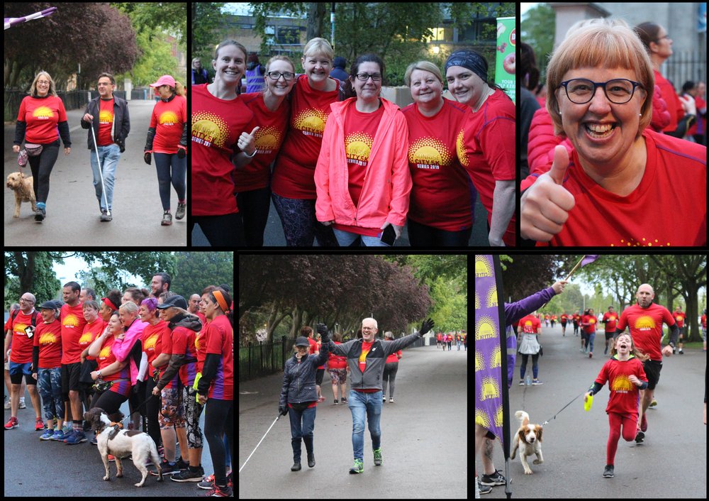 A collage of photos from Sunrise, with people crossing the finishing line